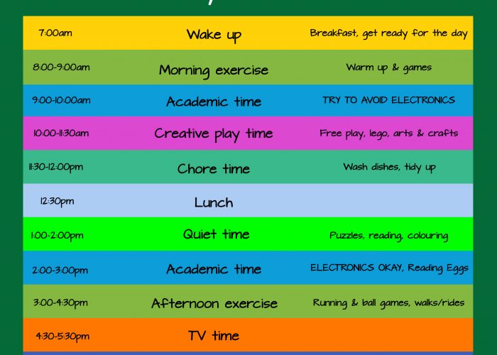 Daily Schedule for children at home due to Coronavirus